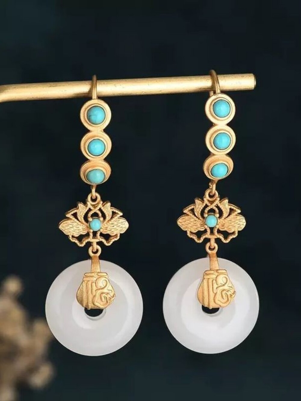 Gold and Aqua Floral Drop Earrings with White Chalcedony Rings